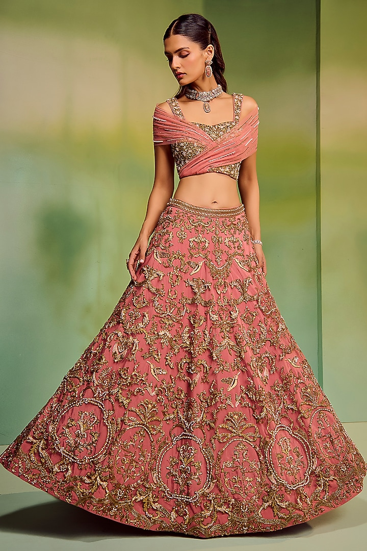 Dark Peach Tulle Embroidered Bridal Bridal Lehenga Set by Mala and Kinnary at Pernia's Pop Up Shop