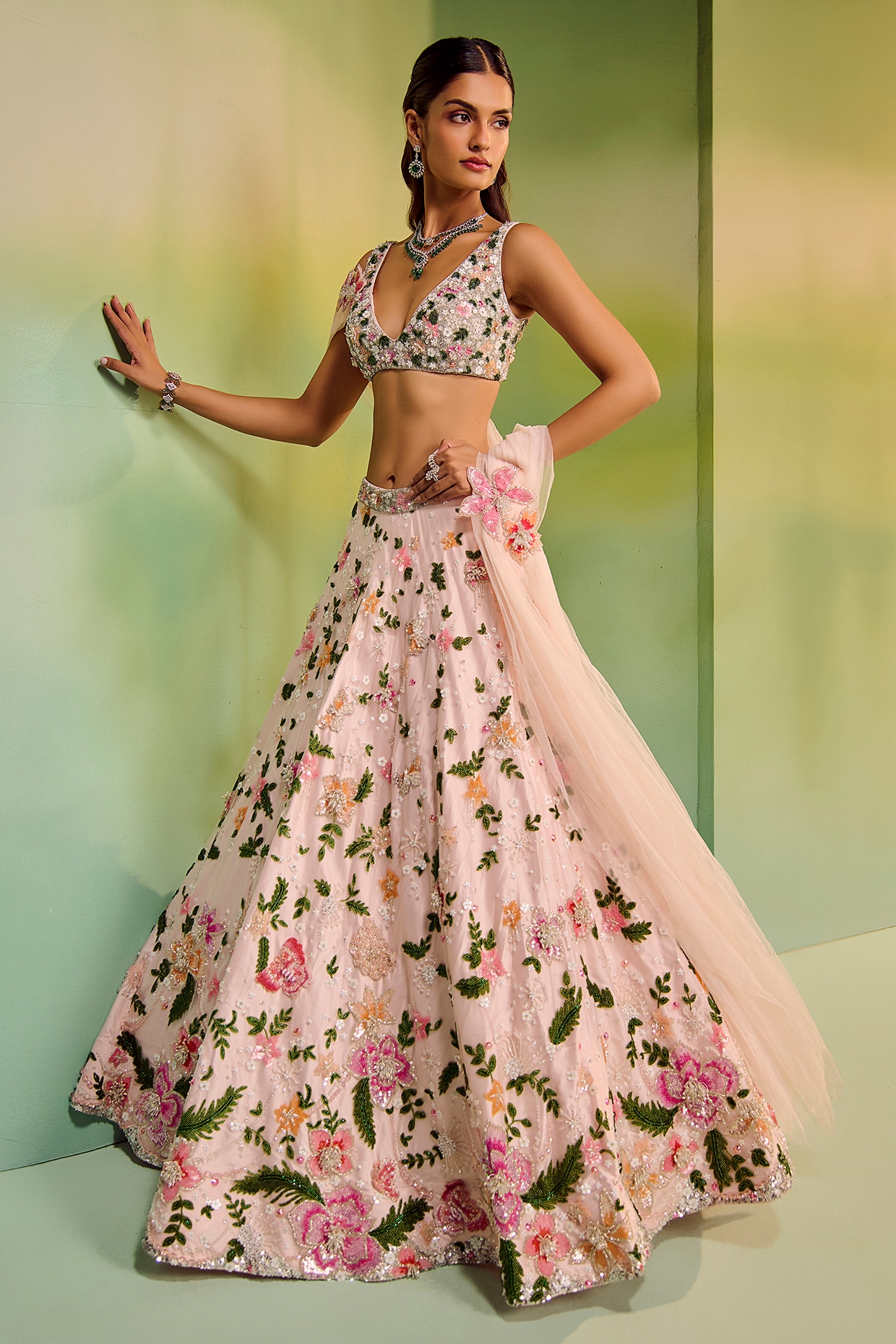Mala and Kinnary Pastel Pink Tulle Floral Embroidered Bridal Lehenga Set