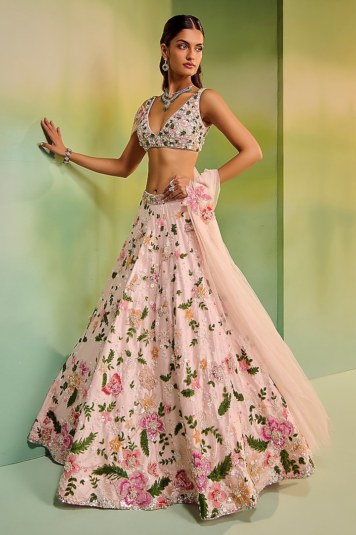 Pastel Pink Tulle Floral Embroidered Bridal Bridal Lehenga Set by Mala and Kinnary at Pernia's Pop Up Shop