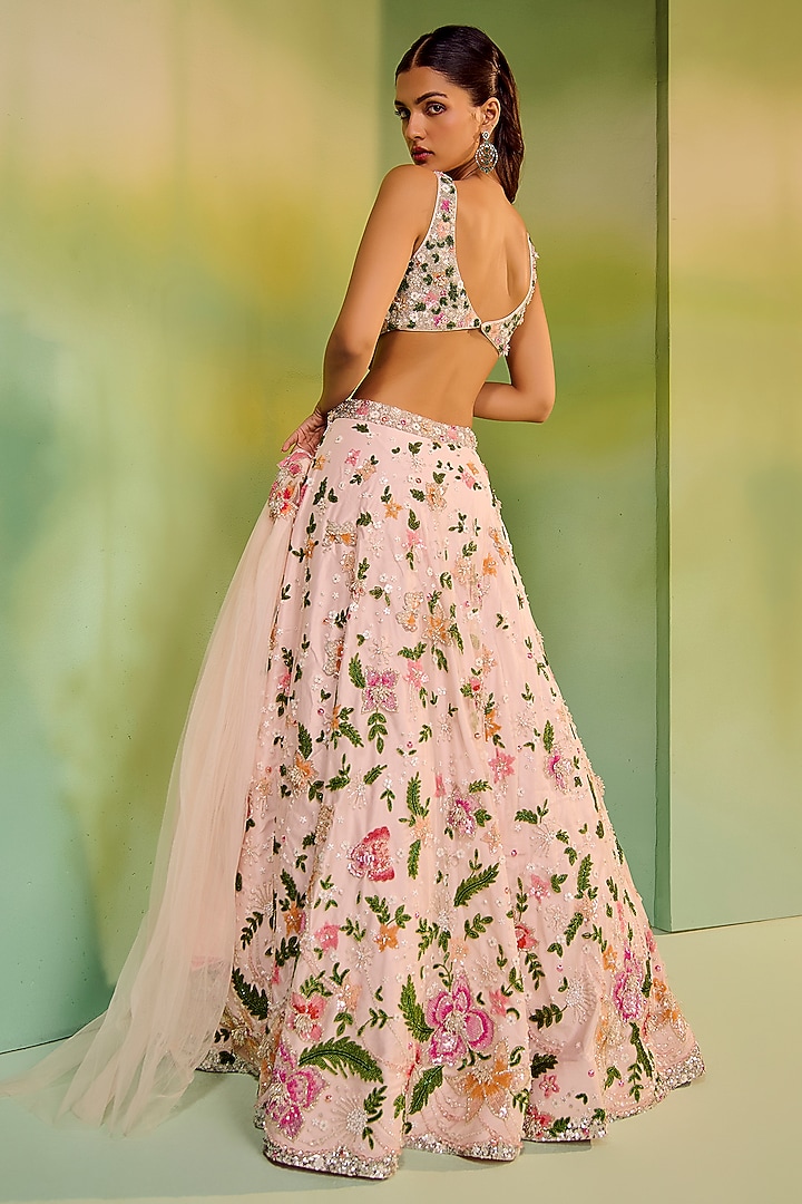 Pastel Pink Tulle Floral Embroidered Bridal Bridal Lehenga Set by Mala and Kinnary at Pernia's Pop Up Shop