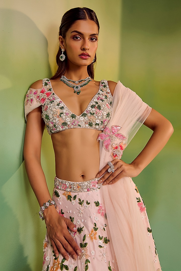Pastel Pink Tulle Floral Embroidered Bridal Bridal Lehenga Set by Mala and Kinnary at Pernia's Pop Up Shop