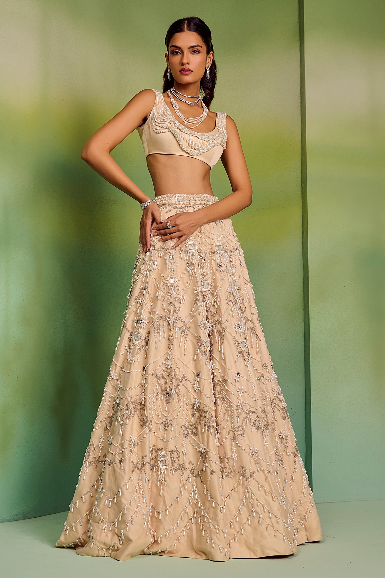 Mala and Kinnary Champagne Tulle Bead & Thread Embroidered Bridal Lehenga Set