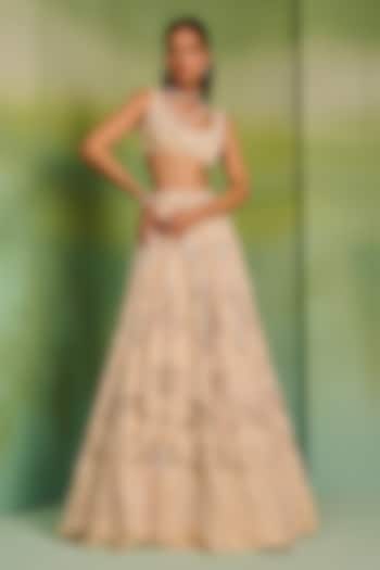Champagne Tulle Bead & Thread Embroidered Bridal Bridal Lehenga Set by Mala and Kinnary at Pernia's Pop Up Shop