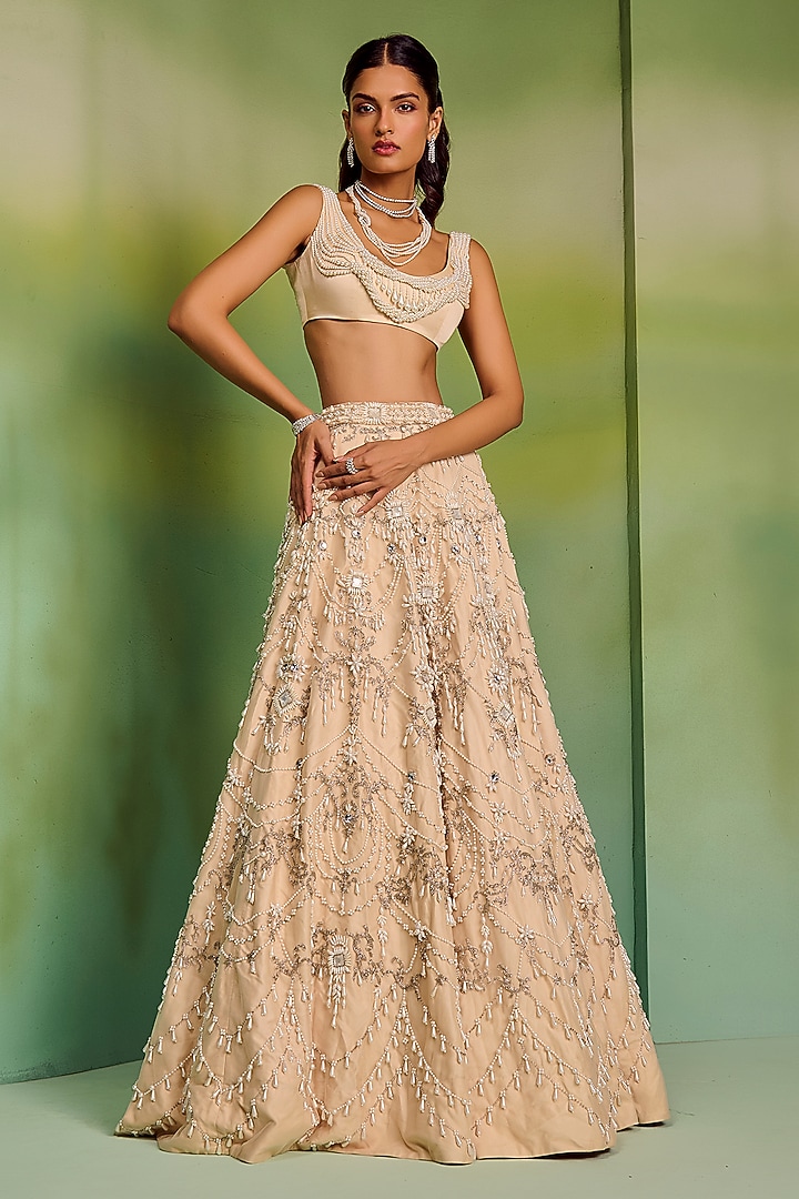 Champagne Tulle Bead & Thread Embroidered Bridal Bridal Lehenga Set by Mala and Kinnary at Pernia's Pop Up Shop