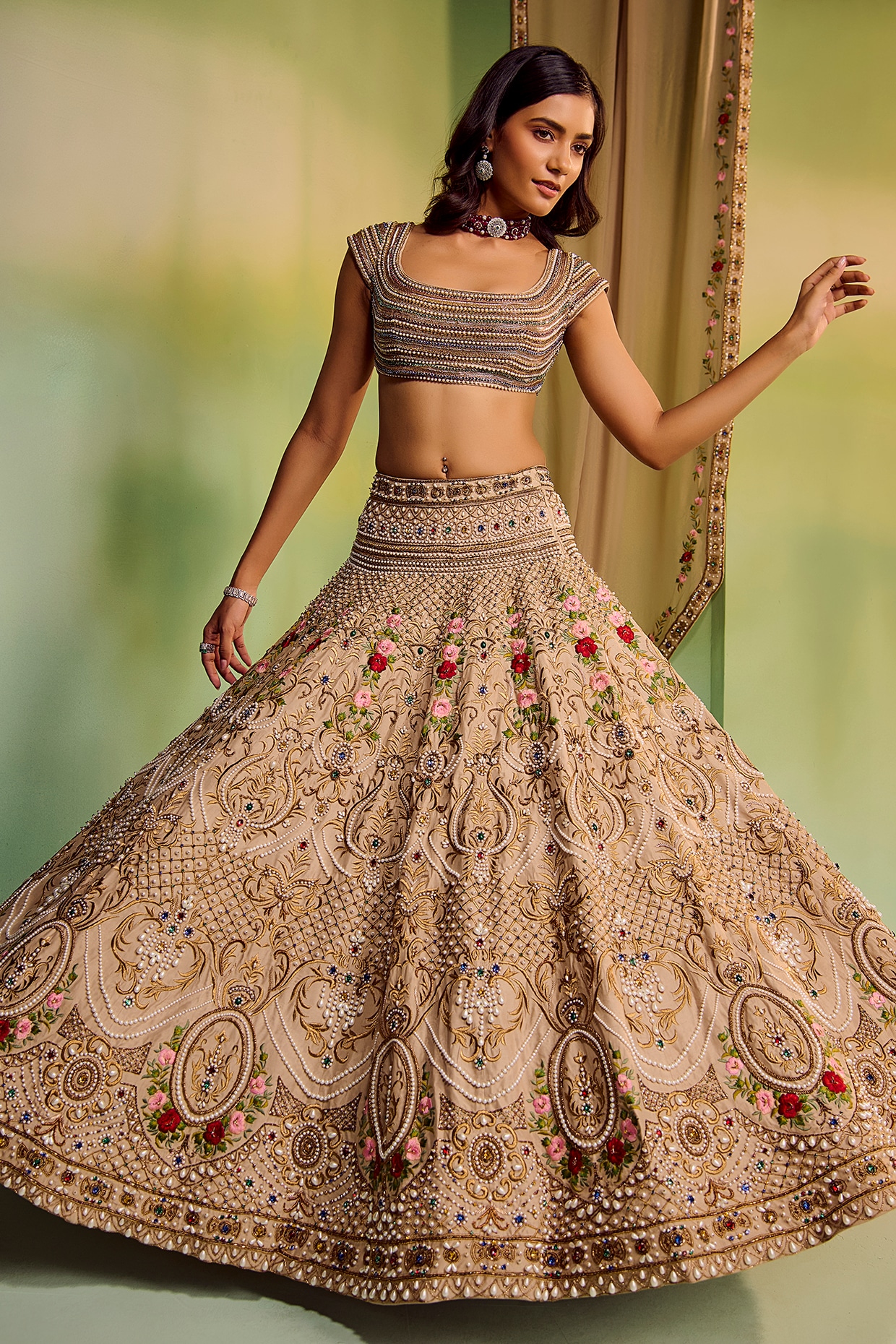 Mala and Kinnary Beige Dupion Silk Floral Embroidered Bridal Lehenga Set