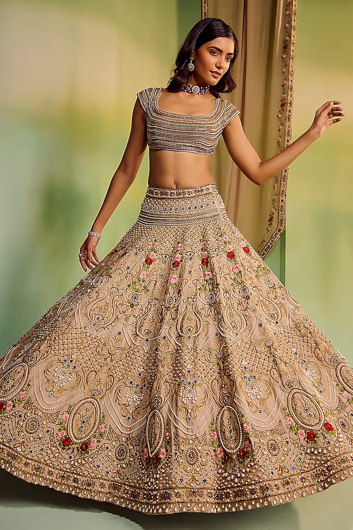 Beige Dupion Silk Floral Embroidered Bridal Bridal Lehenga Set by Mala and Kinnary at Pernia's Pop Up Shop