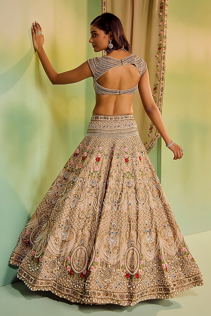 Beige Dupion Silk Floral Embroidered Bridal Bridal Lehenga Set by Mala and Kinnary at Pernia's Pop Up Shop