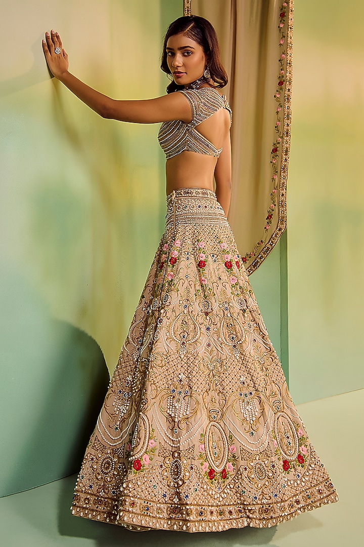 Beige Dupion Silk Floral Embroidered Bridal Bridal Lehenga Set by Mala and Kinnary at Pernia's Pop Up Shop