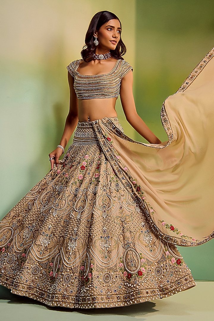 Beige Dupion Silk Floral Embroidered Bridal Bridal Lehenga Set by Mala and Kinnary at Pernia's Pop Up Shop