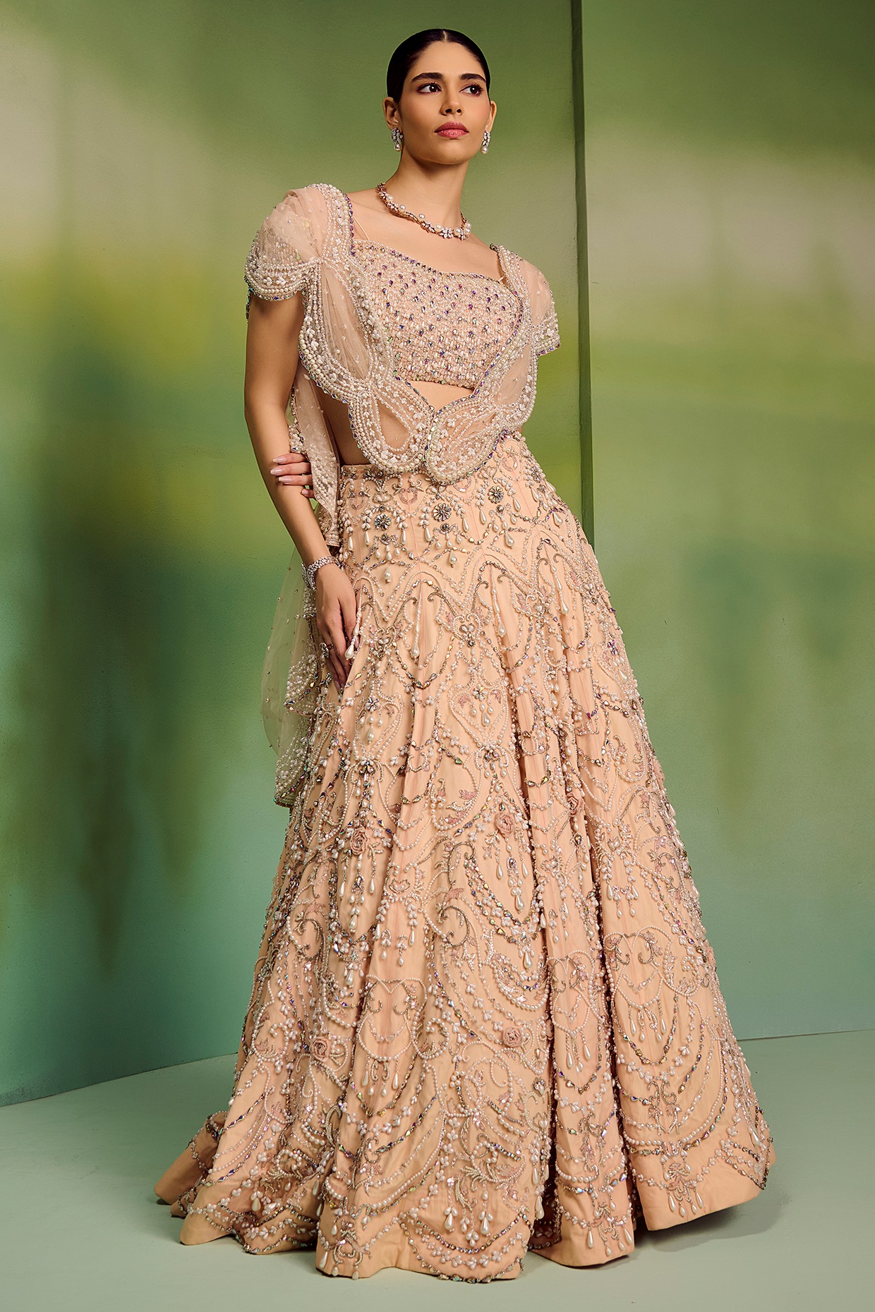 Mala and Kinnary Peach Tulle Pearl Hand Embroidered Lehenga Set