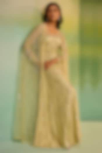 Apple Green Tulle Bead Hand Embroidered Cape Bridal Gown by Mala and Kinnary at Pernia's Pop Up Shop
