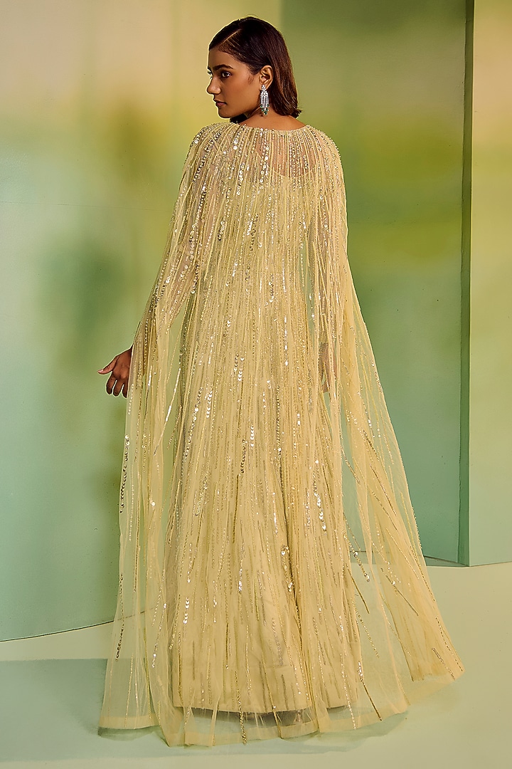 Apple Green Tulle Bead Hand Embroidered Cape Bridal Gown by Mala and Kinnary at Pernia's Pop Up Shop