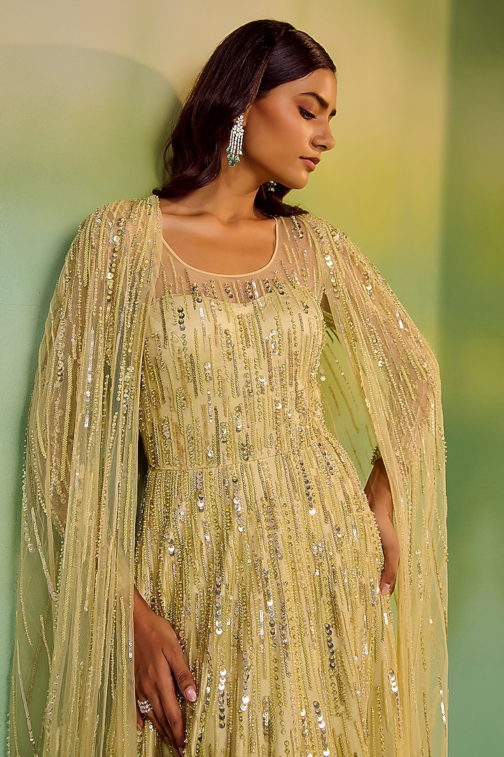 Apple Green Tulle Bead Hand Embroidered Cape Bridal Gown by Mala and Kinnary at Pernia's Pop Up Shop