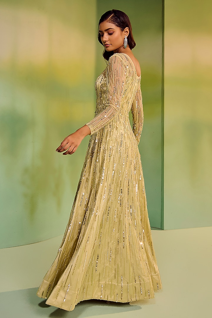 Apple Green Tulle Bead Hand Embroidered Cape Bridal Gown by Mala and Kinnary at Pernia's Pop Up Shop