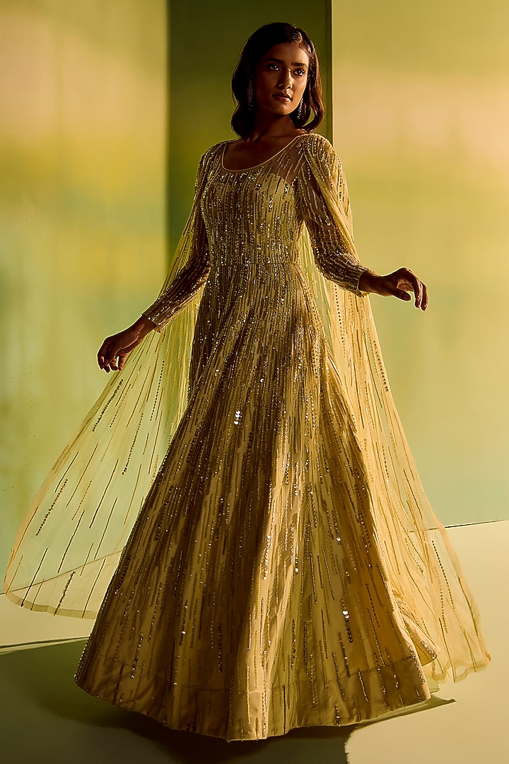 Apple Green Tulle Bead Hand Embroidered Cape Bridal Gown by Mala and Kinnary at Pernia's Pop Up Shop
