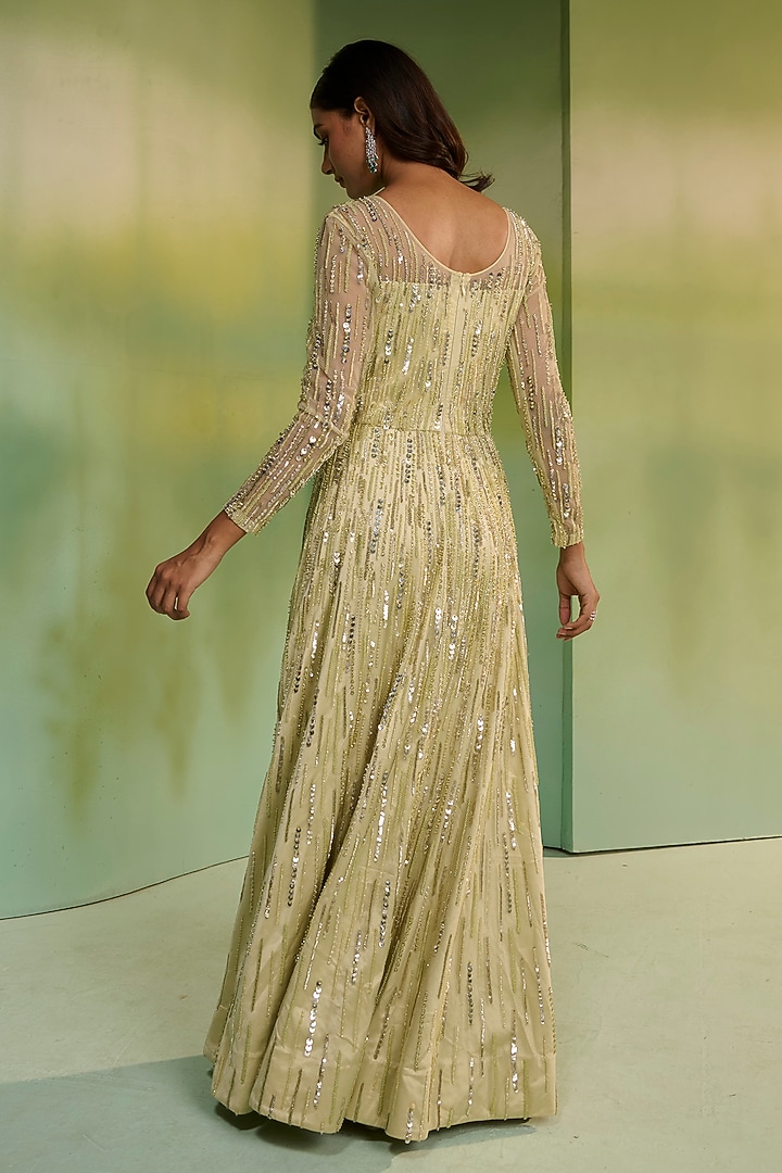 Apple Green Tulle Bead Hand Embroidered Cape Bridal Gown by Mala and Kinnary at Pernia's Pop Up Shop