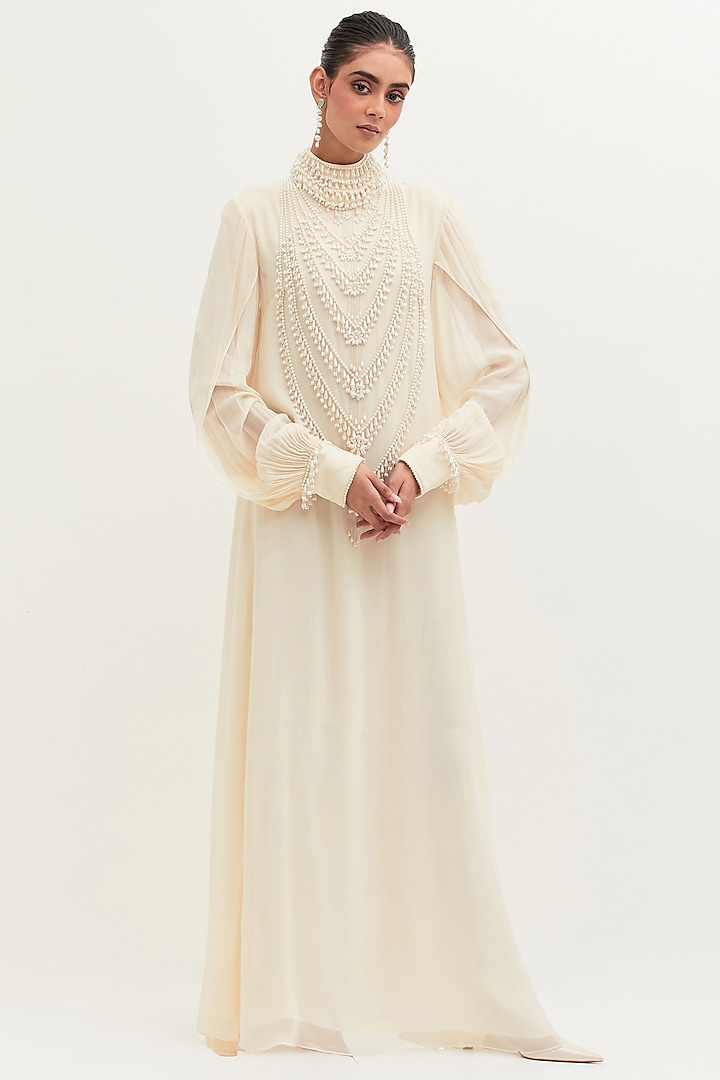 Ivory Georgette Embroidered Gown by Mala and Kinnary