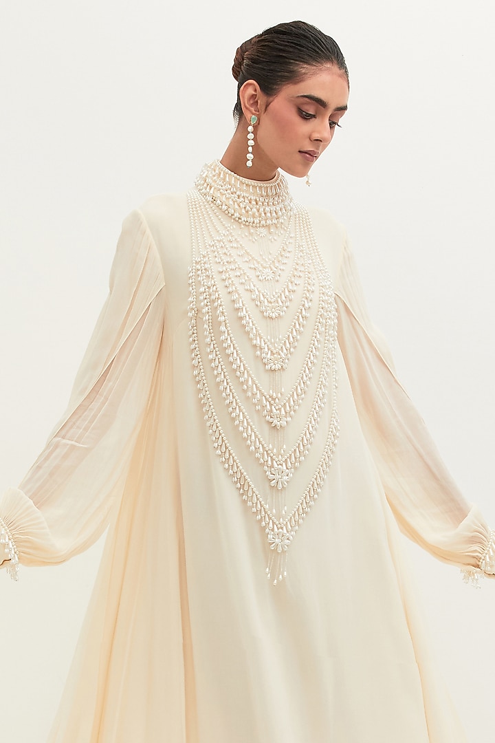 Ivory Georgette Embroidered Wedding Gown by Mala and Kinnary at Pernia's Pop Up Shop