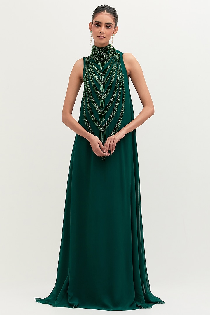 Emerald Green Georgette Embroidered Gown by Mala and Kinnary