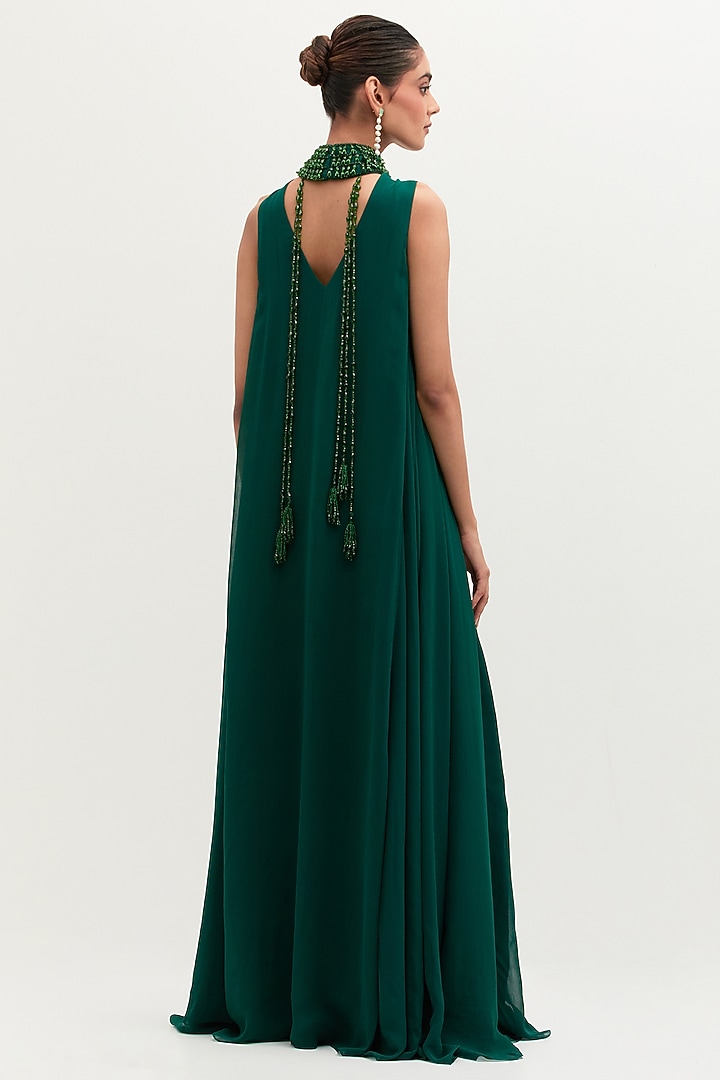 Emerald Green Georgette Embroidered Engagement Gown by Mala and Kinnary at Pernia's Pop Up Shop