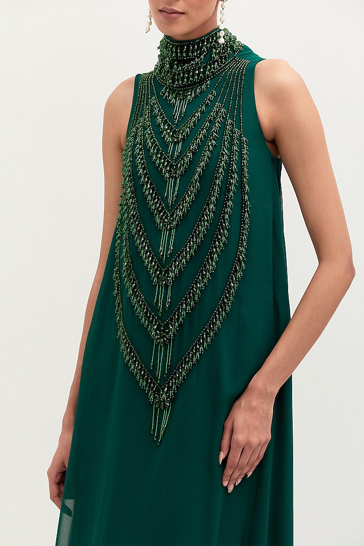 Emerald Green Georgette Embroidered Engagement Gown by Mala and Kinnary at Pernia's Pop Up Shop