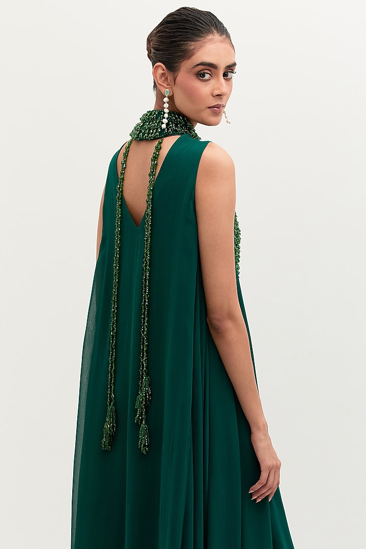 Emerald Green Georgette Embroidered Engagement Gown by Mala and Kinnary at Pernia's Pop Up Shop