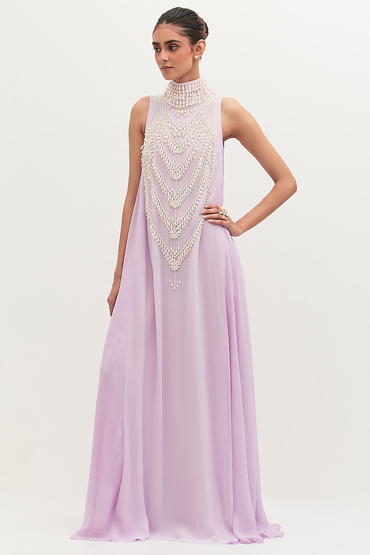 Lavender Georgette Embroidered Gown by Mala and Kinnary