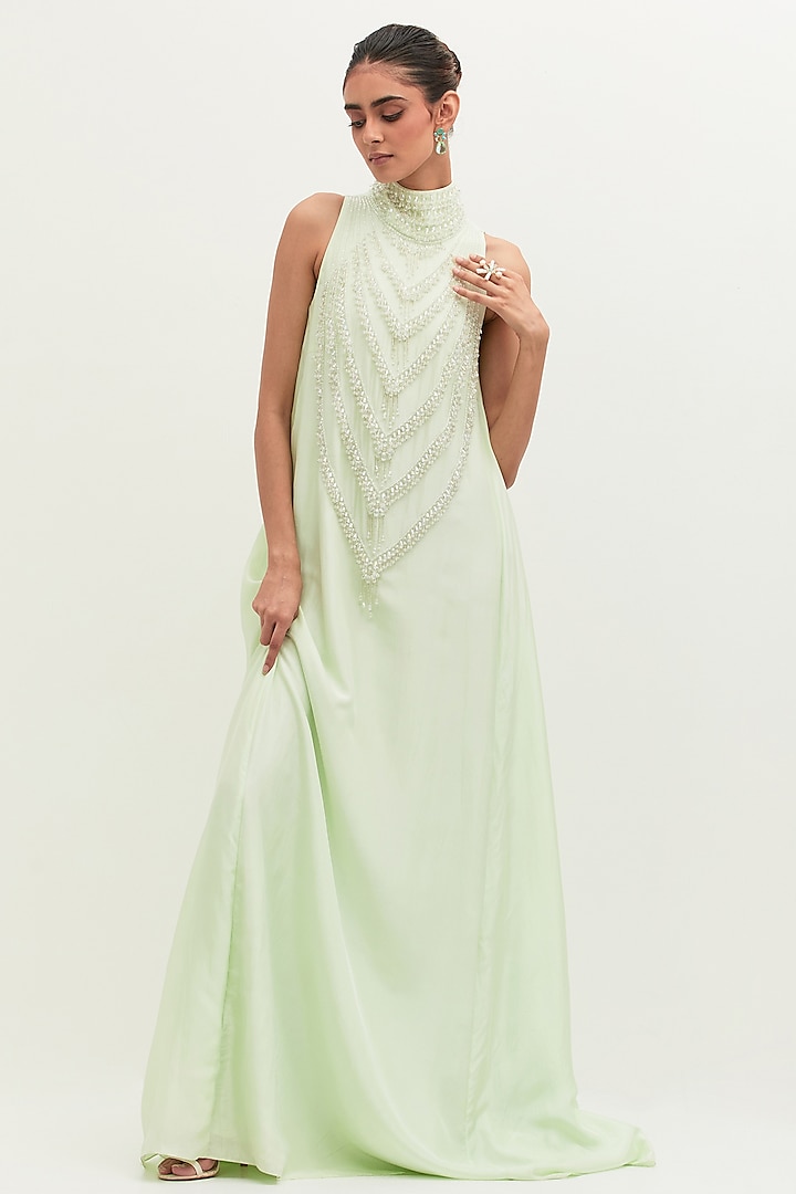 Mint Habutai Silk Embroidered Gown by Mala and Kinnary
