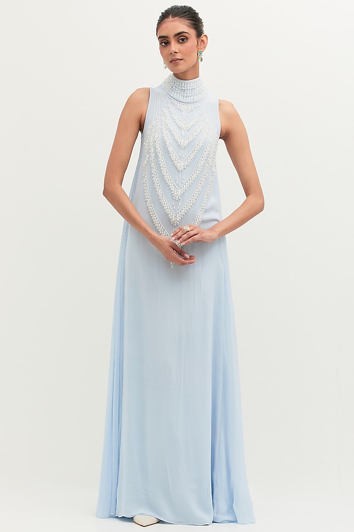 Ice Blue Georgette Embroidered Gown by Mala and Kinnary