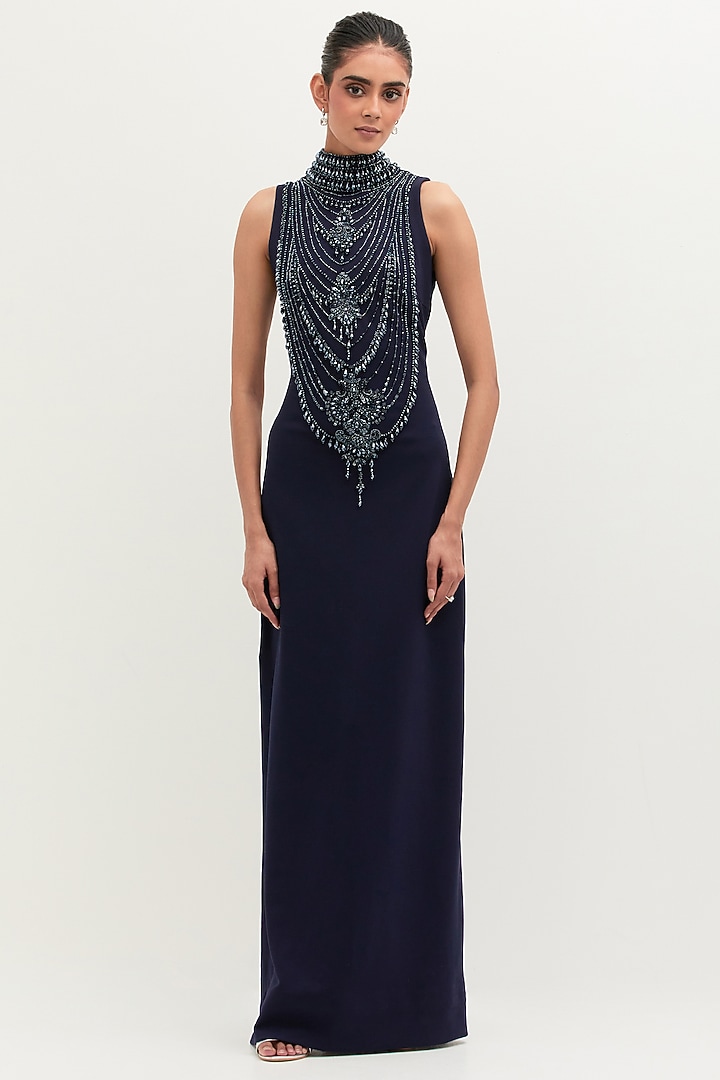 Navy Blue Scuba Georgette Embroidered Engagement Gown by Mala and Kinnary at Pernia's Pop Up Shop