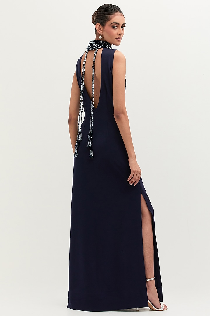 Navy Blue Scuba Georgette Embroidered Engagement Gown by Mala and Kinnary at Pernia's Pop Up Shop