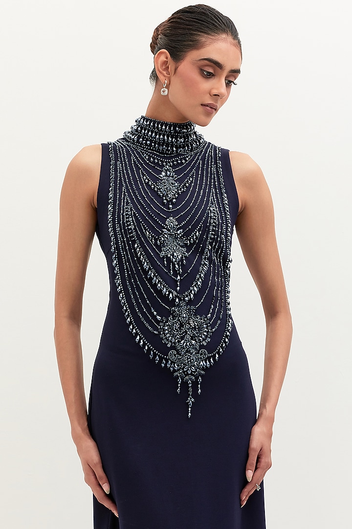 Navy Blue Scuba Georgette Embroidered Engagement Gown by Mala and Kinnary at Pernia's Pop Up Shop