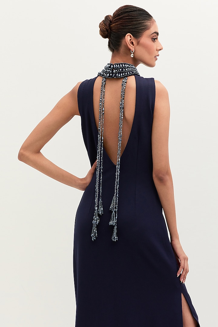Navy Blue Scuba Georgette Embroidered Engagement Gown by Mala and Kinnary at Pernia's Pop Up Shop