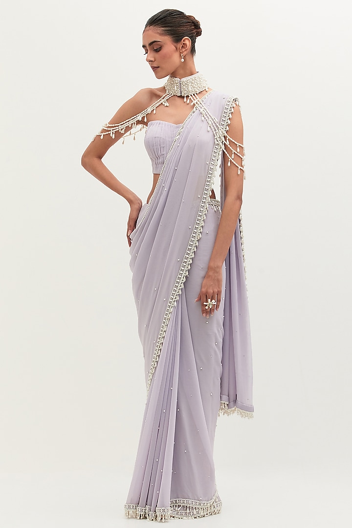Lavender Georgette Pearl Embroidered Saree Set by Mala and Kinnary