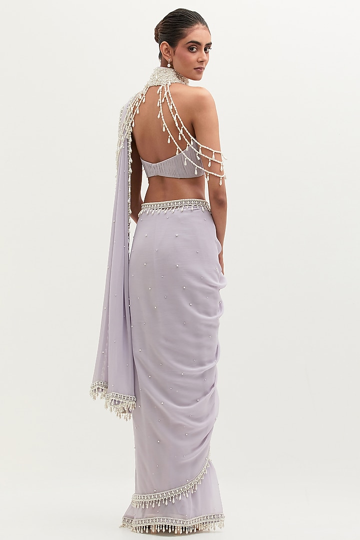 Lavender Georgette Pearl Embroidered Wedding Saree Set by Mala and Kinnary at Pernia's Pop Up Shop