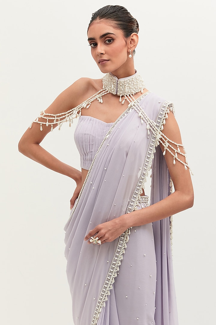 Lavender Georgette Pearl Embroidered Wedding Saree Set by Mala and Kinnary at Pernia's Pop Up Shop