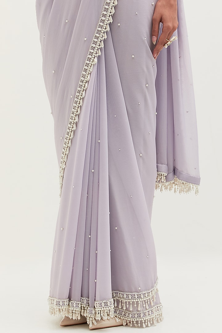 Lavender Georgette Pearl Embroidered Wedding Saree Set by Mala and Kinnary at Pernia's Pop Up Shop