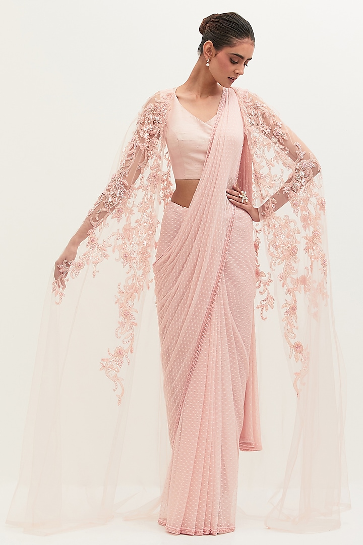 Pink Tulle Embroidered Saree Set by Mala and Kinnary at Pernia's Pop Up Shop