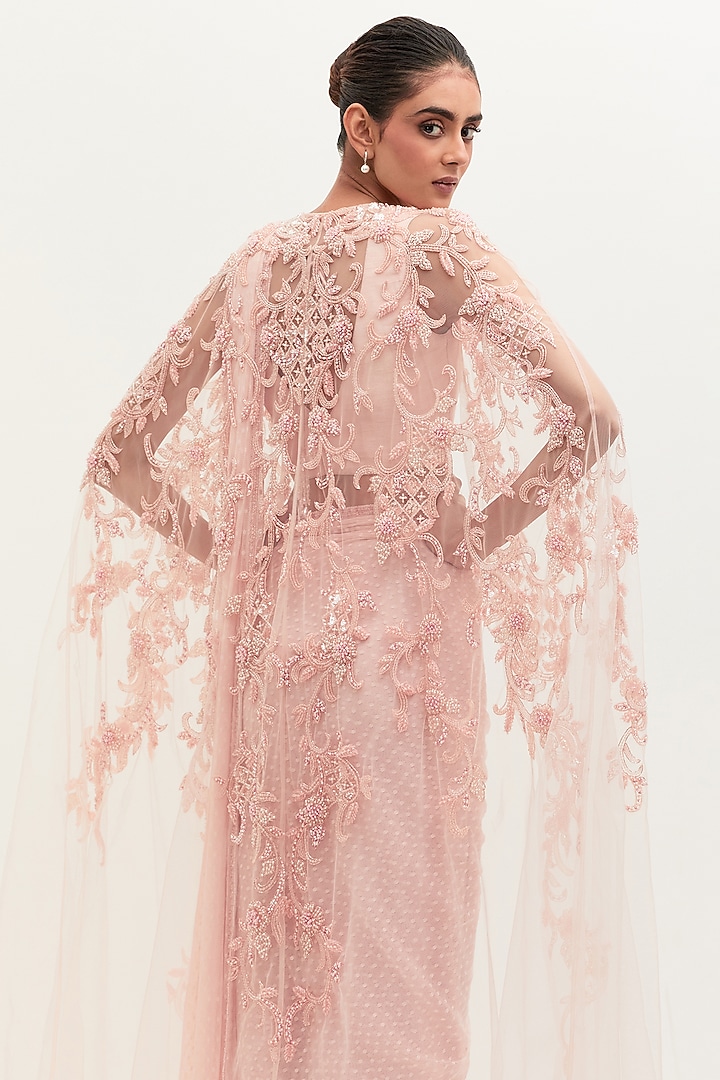 Pink Tulle Embroidered Reception Saree Set by Mala and Kinnary at Pernia's Pop Up Shop