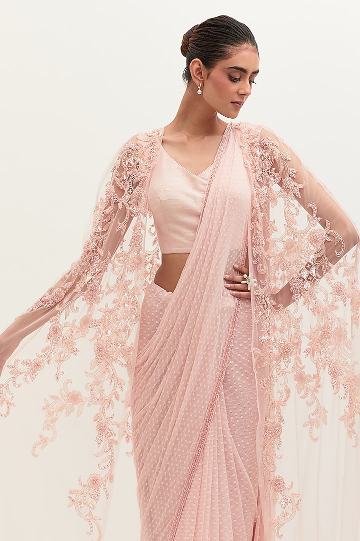 Pink Tulle Embroidered Reception Saree Set by Mala and Kinnary at Pernia's Pop Up Shop