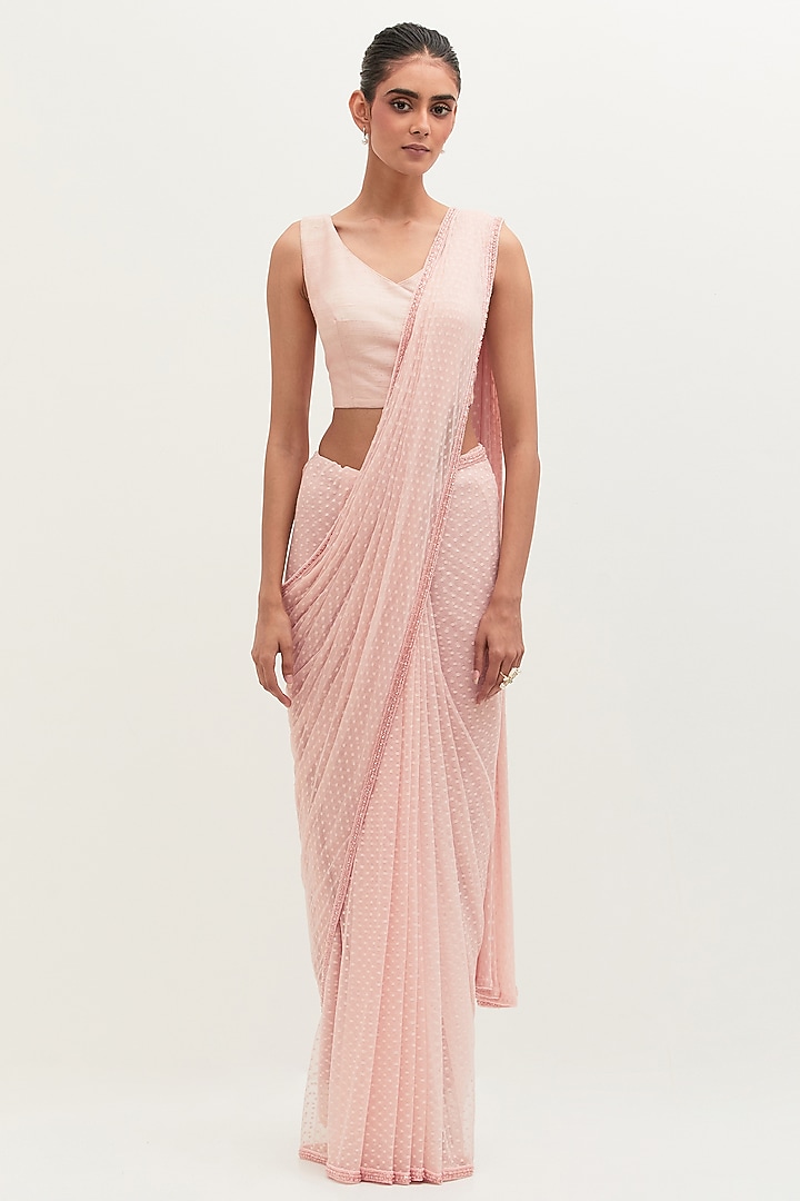 Pink Tulle Embroidered Reception Saree Set by Mala and Kinnary at Pernia's Pop Up Shop