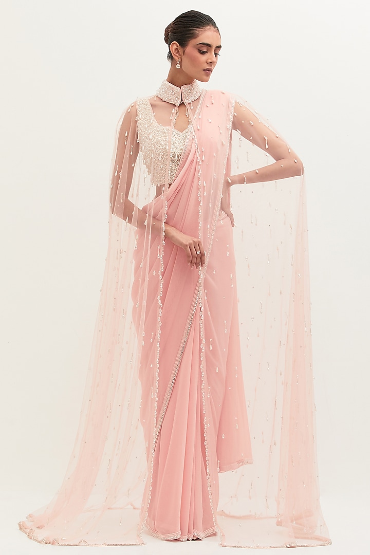 Pink Georgette Embroidered Saree Set by Mala and Kinnary
