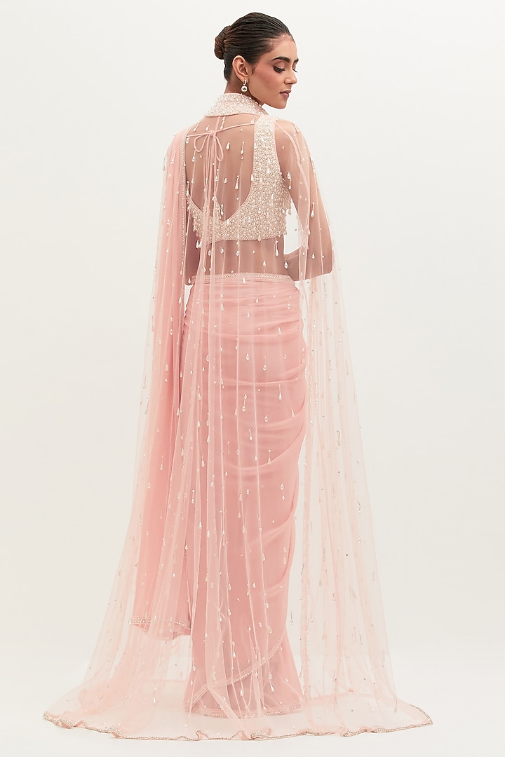 Pink Georgette Embroidered Reception Saree Set by Mala and Kinnary at Pernia's Pop Up Shop