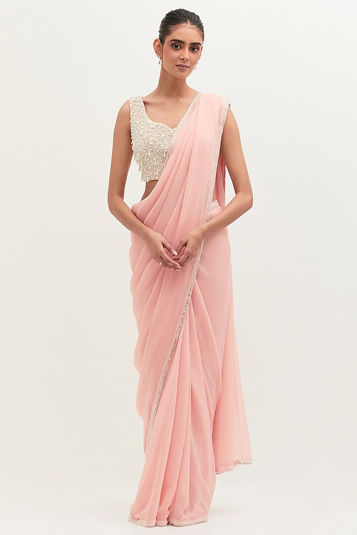 Pink Georgette Embroidered Reception Saree Set by Mala and Kinnary at Pernia's Pop Up Shop