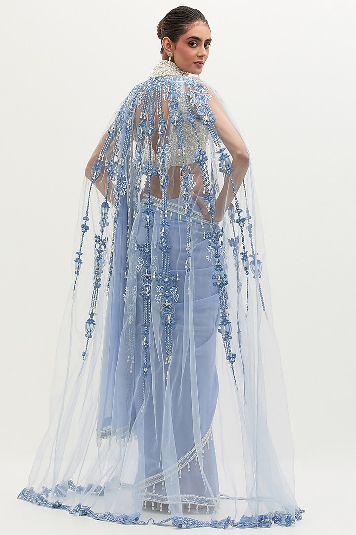 Blue Georgette Embroidered Bridal Saree Set by Mala and Kinnary at Pernia's Pop Up Shop