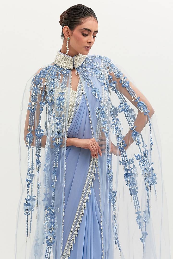 Blue Georgette Embroidered Bridal Saree Set by Mala and Kinnary at Pernia's Pop Up Shop