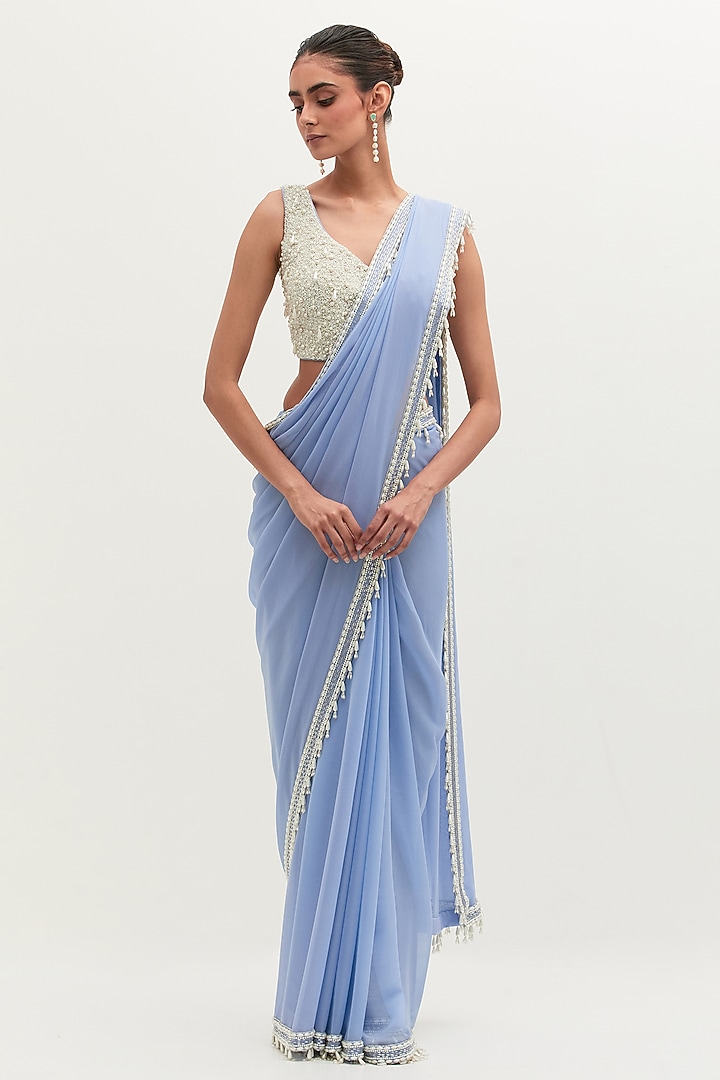 Blue Georgette Embroidered Bridal Saree Set by Mala and Kinnary at Pernia's Pop Up Shop