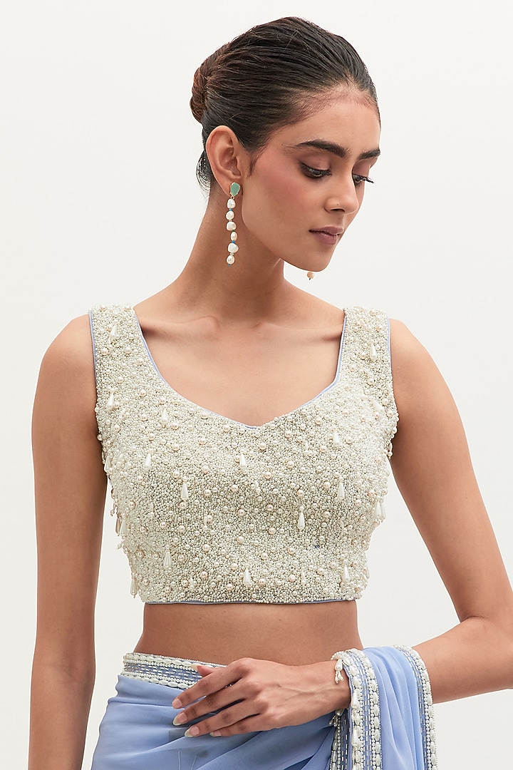 Blue Georgette Embroidered Bridal Saree Set by Mala and Kinnary at Pernia's Pop Up Shop
