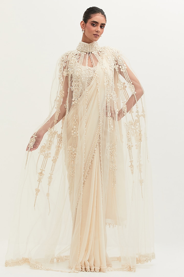 Ivory Georgette Embroidered Bridal Saree Set by Mala and Kinnary at Pernia's Pop Up Shop