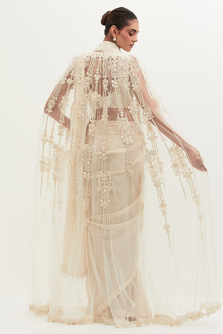 Ivory Georgette Embroidered Bridal Saree Set by Mala and Kinnary at Pernia's Pop Up Shop